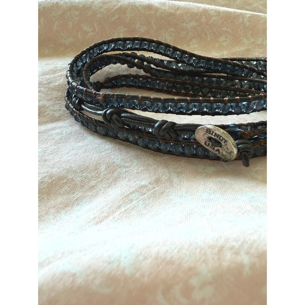 Bindy USA Beaded Leather Wrap Bracelet Smoky Blue Glass Crystal Layered Boho OS